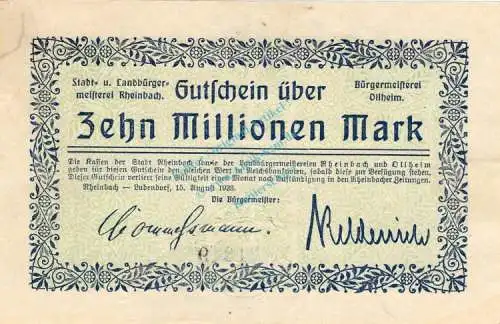 Rheinbach , Banknote 10 Millionen Mark Schein gbr-. Keller 4551.a , Rheinland 1923 Inflation