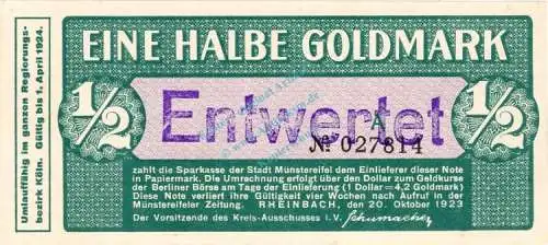 Rheinbach , Banknote 1 halbe Gold Mark Schein unc-kfr.E Müller 4195.1 , Rheinland 1923 Wertbeständig