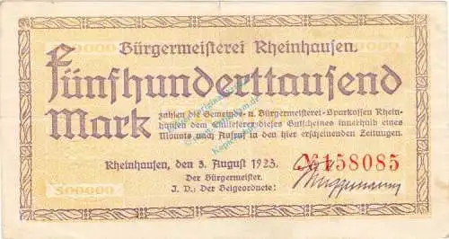 Rheinhausen , Banknote 500.000 Mark Schein gbr. Keller 4557.a , Rheinland 1923 Inflation