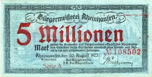 Rheinhausen , Banknote 5 Millionen Mark Schein gbr. Keller 4557.c , Rheinland 1923 Inflation