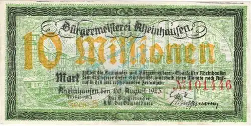 Rheinhausen , Banknote 10 Million Mark -B- gbr. Keller 4557.e , Rheinland 1923 Inflation