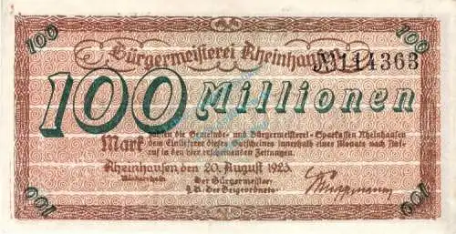 Rheinhausen , Banknote 100 Million Mark unc-kfr. Keller 4557.d , Rheinland 1923 Inflation