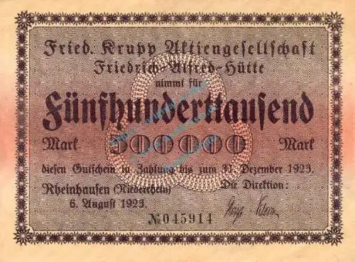 Rheinhausen , Banknote 500.000 Mark unc-kfr. Keller 4558.b , Rheinland 1923 Inflation