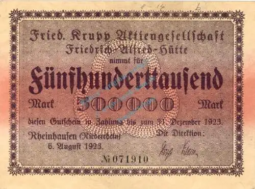 Rheinhausen , Banknote 500.000 Mark L-gbr. Keller 4558.b , Rheinland 1923 Inflation