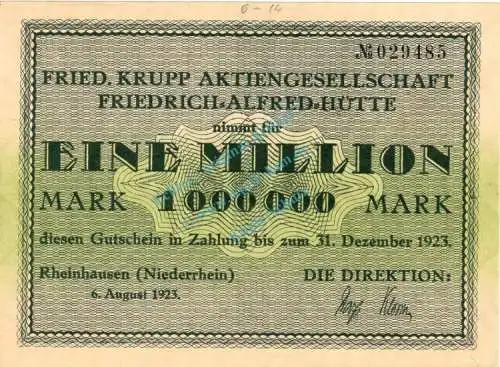 Rheinhausen , Banknote 1 Million Mark unc-kfr. Keller 4558.b , Rheinland 1923 Inflation