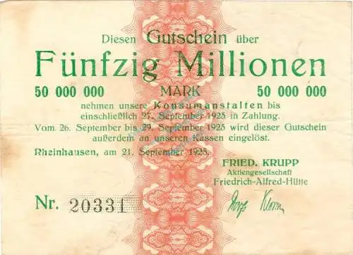 Rheinhausen , Banknote 50 Millionen Mark gbr. Keller 4558.e , Rheinland 1923 Inflation