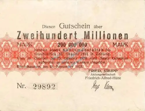 Rheinhausen , Banknote 200 Millionen Mark L-gbr. Keller 4558.f , Rheinland 1923 Inflation