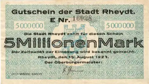 Rheydt , Banknote 5 Millionen Mark Schein gbr. Keller 4561.e , Rheinland 1923 Inflation