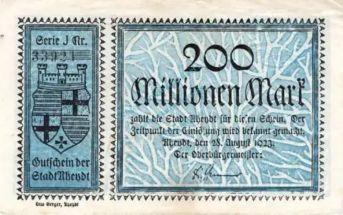 Rheydt , Banknote 200 Millionen Mark Schein gbr. Keller 4561.h-i , Rheinland 1923 Inflation