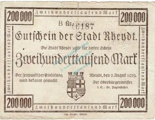 Rheydt , Banknote 200.000 Mark Schein gbr-. Keller 4561.a , Rheinland 1923 Inflation