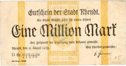 Rheydt , Banknote 1 Million Mark Schein gbr. Keller 4561.c , Rheinland 1923 Inflation