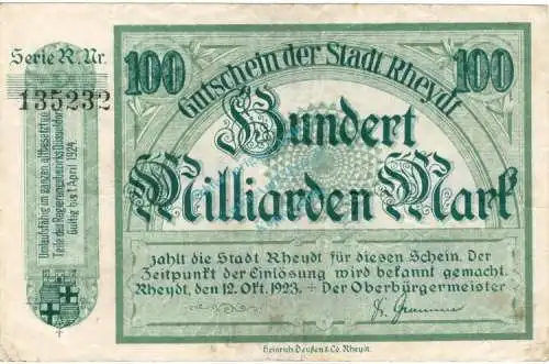 Rheydt , Banknote 100 Milliarden Mark Schein gbr. Keller 4561.u , Rheinland 1923 Inflation