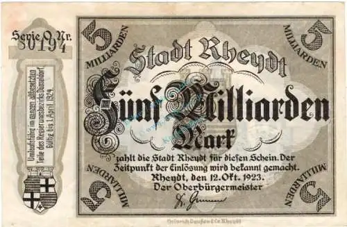 Rheydt , Banknote 5 Milliarden Mark Schein gbr. Keller 4561.u , Rheinland 1923 Inflation