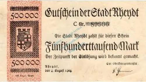 Rheydt , Banknote 500.000 Mark Schein gbr. Keller 4561.b , Rheinland 1923 Inflation