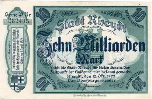 Rheydt , Banknote 10 Milliarden Mark Schein L-gbr. Keller 4561.u , Rheinland 1923 Inflation