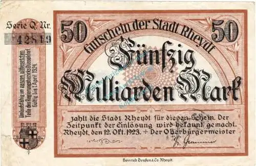 Rheydt , Banknote 50 Milliarden Mark Schein gbr-. Keller 4561.u , Rheinland 1923 Inflation
