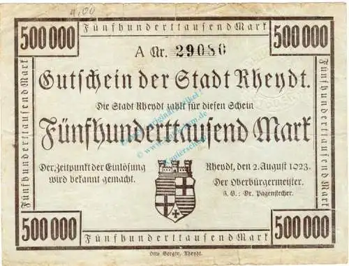 Rheydt , Banknote 500.000 Mark Schein gbr-. Keller 4561.a , Rheinland 1923 Inflation