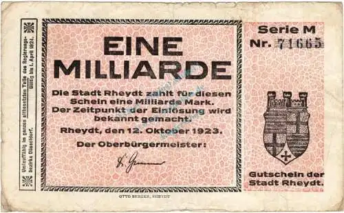 Rheydt , Banknote 1 Milliarde Mark Schein gbr-. Keller 4561.u , Rheinland 1923 Inflation