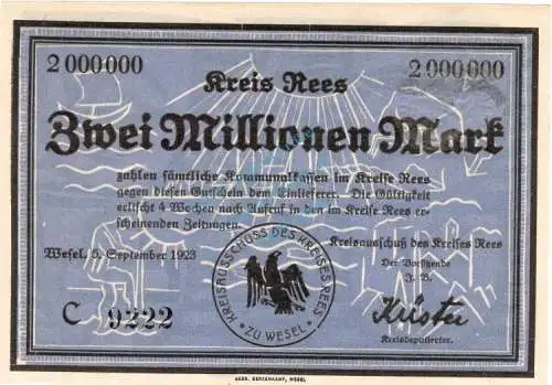 Rees , Banknote 2 Millionen Mark Schein unc-kfr. Keller 4467.a , Rheinland 1923 Inflation