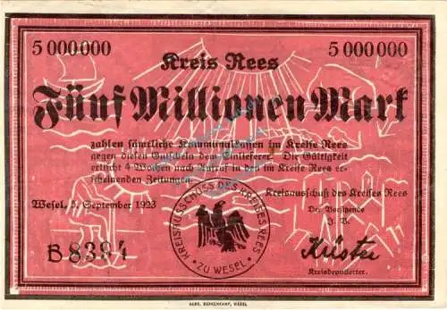 Rees , Banknote 5 Millionen Mark Schein gbr. Keller 4467.a , Rheinland 1923 Inflation