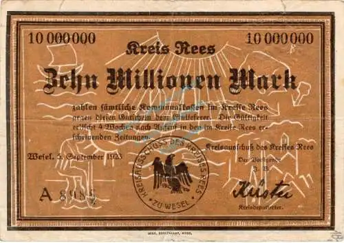 Rees , Banknote 10 Millionen Mark Schein gbr. Keller 4467.a , Rheinland 1923 Inflation