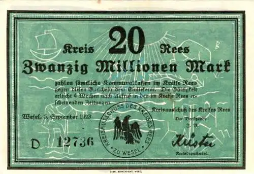 Rees , Banknote 20 Millionen Mark Schein gbr. Keller 4467.a , Rheinland 1923 Inflation