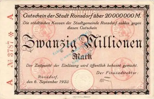 Ronsdorf , Banknote 20 Millionen Mark Scheck L-gbr. Keller 4618.d , Rheinland 1923 Inflation