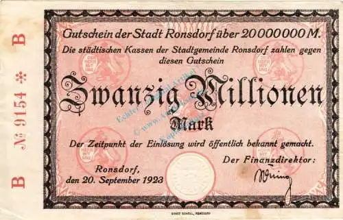 Ronsdorf , Banknote 20 Millionen Mark Scheck gbr. Keller 4618.e , Rheinland 1923 Inflation
