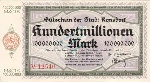 Ronsdorf , Banknote 100 Millionen Mark Schein unc-kfr. Keller 4618.f , Rheinland 1923 Inflation
