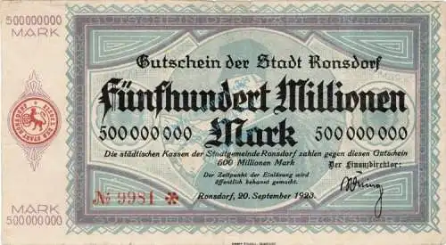 Ronsdorf , Banknote 500 Millionen Mark Schein gbr. Keller 4618.f , Rheinland 1923 Inflation