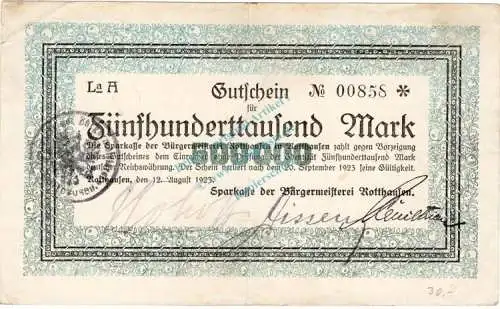 Rotthausen , Banknote 500.000 Mark Schein gbr. Keller 4651.a , Rheinland 1923 Inflation