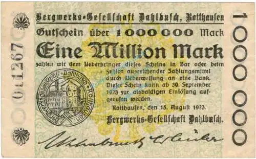 Rotthausen , Banknote 1 Million Mark Schein gbr. Keller 4652.a , Rheinland 1923 Inflation