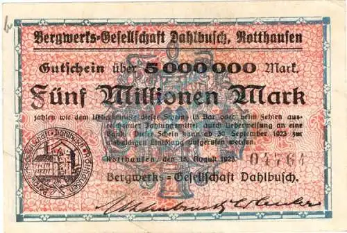 Rotthausen , Banknote 5 Millionen Mark Schein unc-kfr. Keller 4652.b , Rheinland 1923 Inflation