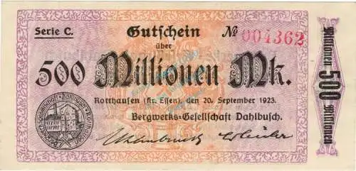 Rotthausen , Banknote 500 Millionen Mark Schein unc-kfr. Keller 4652.c , Rheinland 1923 Inflation