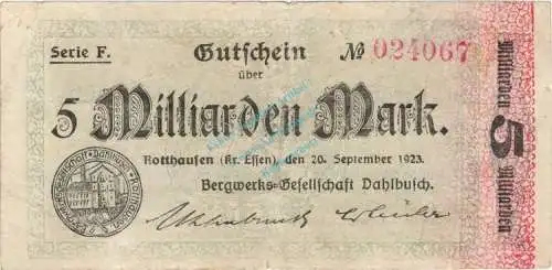 Rotthausen , Banknote 5 Milliarden Mark Schein gbr. Keller 4652.c , Rheinland 1923 Inflation