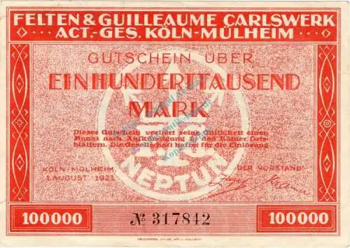 Köln , Banknote 100.000 Mark Schein unc-kfr. Keller 2735.b , Rheinland 1923 Inflation