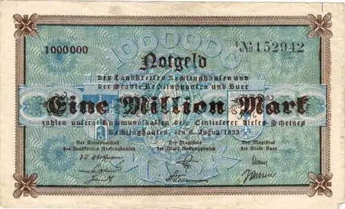 Recklinghausen , Banknote 1 Million Mark Schein gbr. Keller 4460.c-d , Westfalen 1923 Inflation