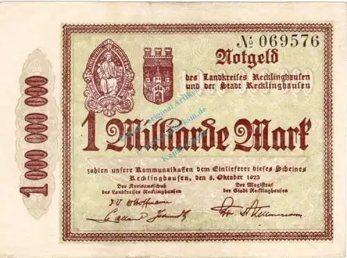 Recklinghausen , Banknote 1 Milliarde Mark Schein unc-kfr. Keller 4459 , Westfalen 1923 Inflation