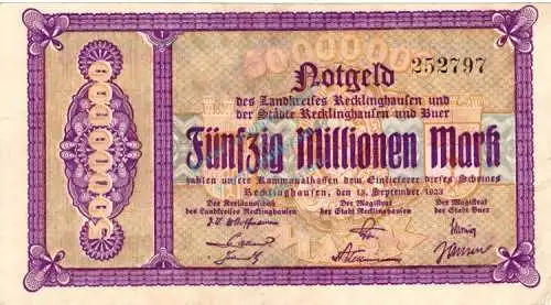 Recklinghausen , Banknote 50 Millionen Mark Schein gbr. Keller 4460.g , Westfalen 1923 Inflation