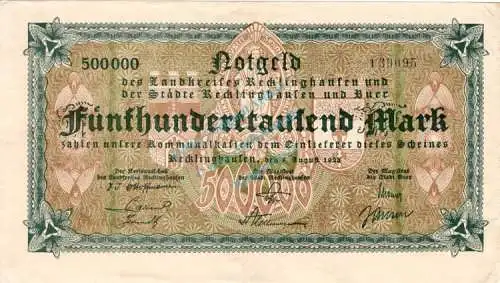 Recklinghausen , Banknote 500.000 Mark Schein gbr. Keller 4460.a-b , Westfalen 1923 Inflation