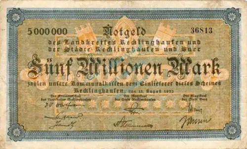 Recklinghausen , Banknote 5 Millionen Mark Schein gbr. Keller 4460.e-f , Westfalen 1923 Inflation
