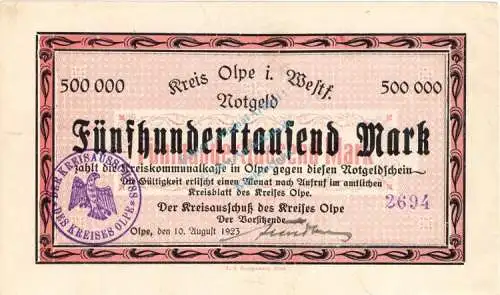 Olpe , Banknote 500.000 Mark Schein L-gbr. Keller 4175.a , Westfalen 1923 Inflation