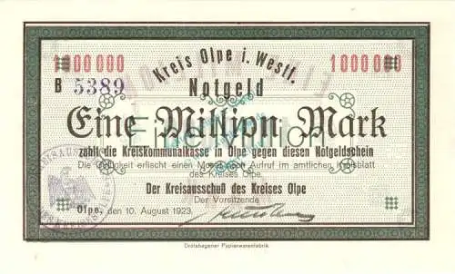 Olpe , Banknote 1 Million Mark Schein unc-kfr. Keller 4175.b , Westfalen 1923 Inflation