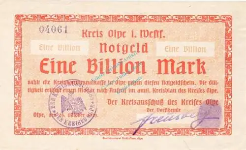 Olpe , Banknote 1 Billion Mark Schein unc-kfr. Keller 4175.g , Westfalen 1923 Inflation