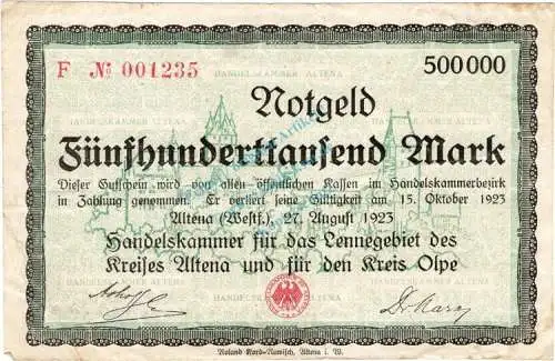 Altena , Banknote 500.000 Mark Schein gbr. Keller 51.a , Westfalen 1923 Inflation