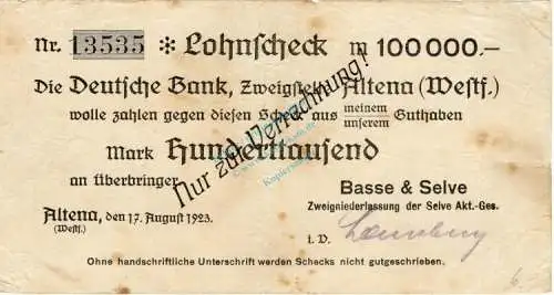 Altena , Banknote 100.000 Mark Scheck gbr. Topp 19.o , Westfalen 1923 Inflation