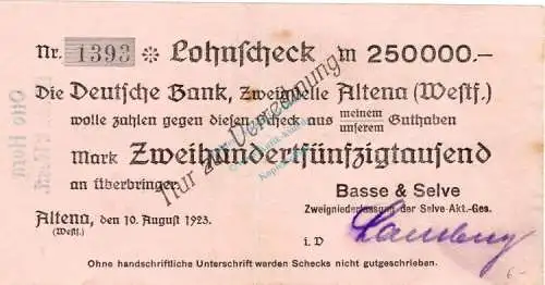 Altena , Banknote 250.000 Mark Scheck gbr. Topp 19.e , Westfalen 1923 Inflation