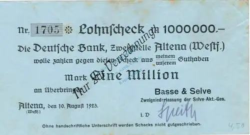 Altena , Banknote 1 Million Mark Scheck gbr. Topp 19.g , Westfalen 1923 Inflation