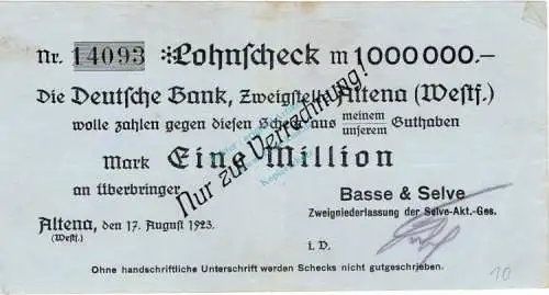 Altena , Banknote 1 Million Mark Scheck gbr. Topp 19.r , Westfalen 1923 Inflation