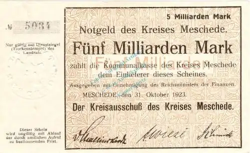 Meschede , Banknote 5 Milliarden Mark Schein unc-kfr. Keller 3529.a , Westfalen 1923 Inflation